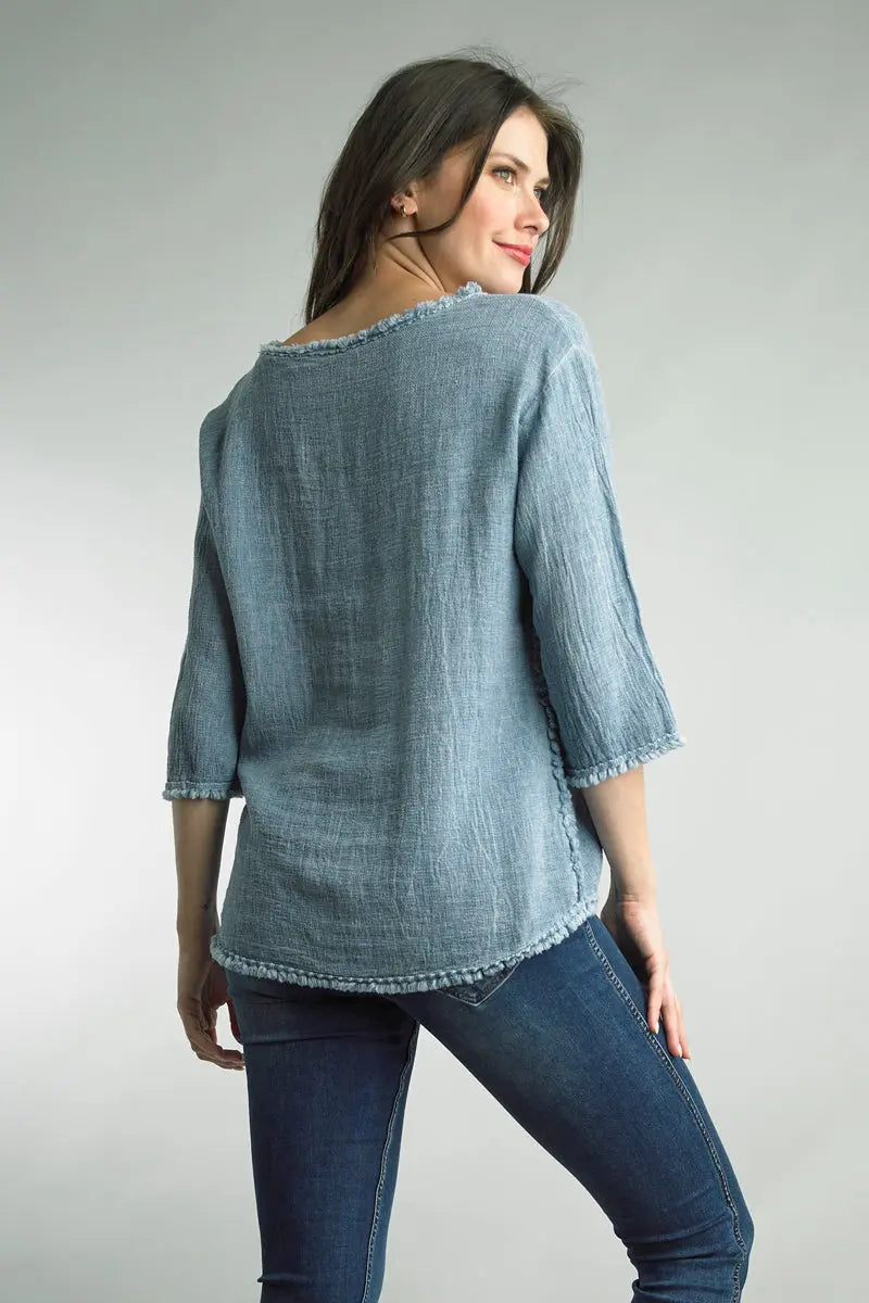 3/4 sleeve Top with raw edge trim on neck and sleeve Linen
