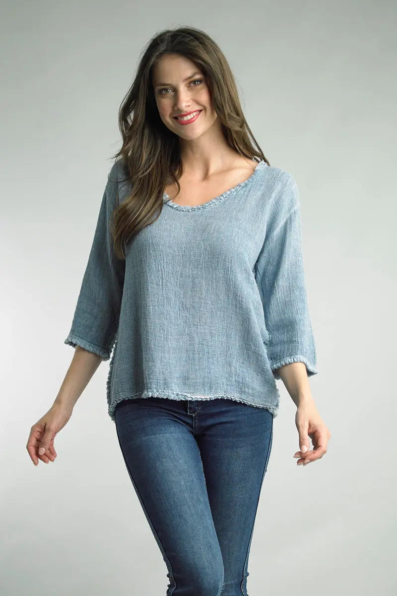 3/4 sleeve Top with raw edge trim on neck and sleeve Linen