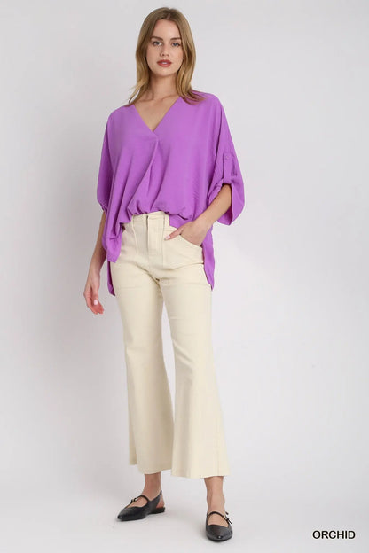 Solid V-Neck Boxy Cut Over Sized Top with Adjustable Button Sleeve