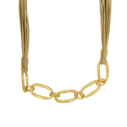 17.5" Gold Hammered Links & Tan Cords Necklace