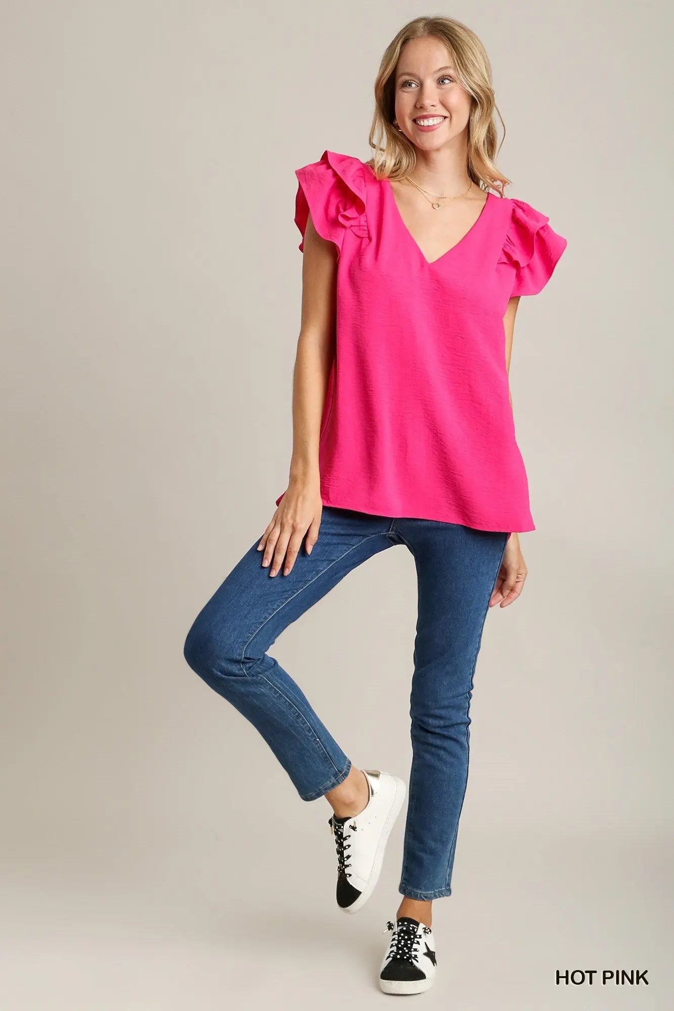 V-Neck Double Layered Flutter Sleeve Blouse with No Lining