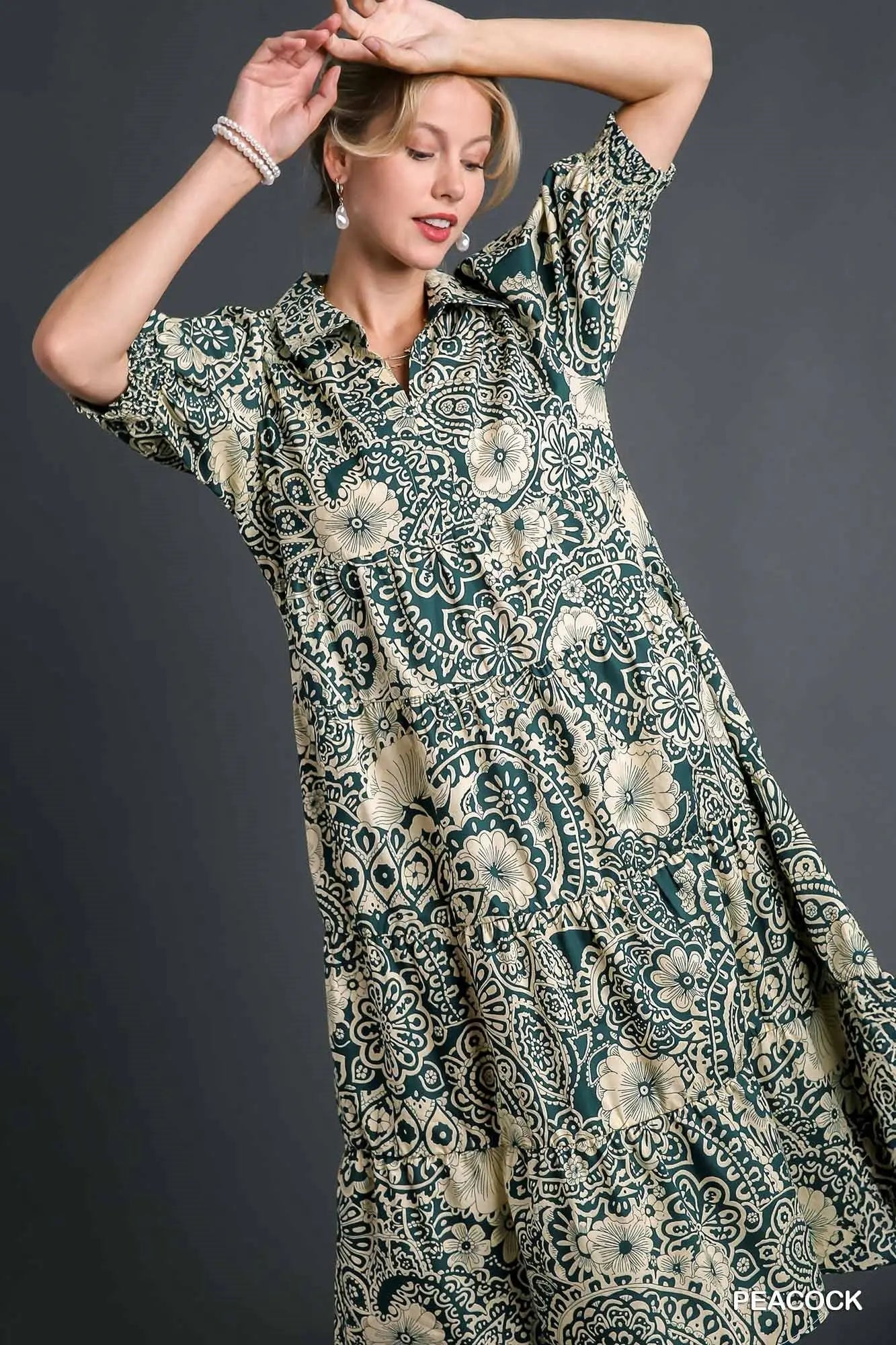 Paisley Print V-Neck Collared Tiered Dress with Puff Sleeves, & Smocked Cuffs