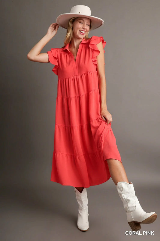 A-Line Collared Tiered Midi Dress with Ruffle Layered Short Sleeves