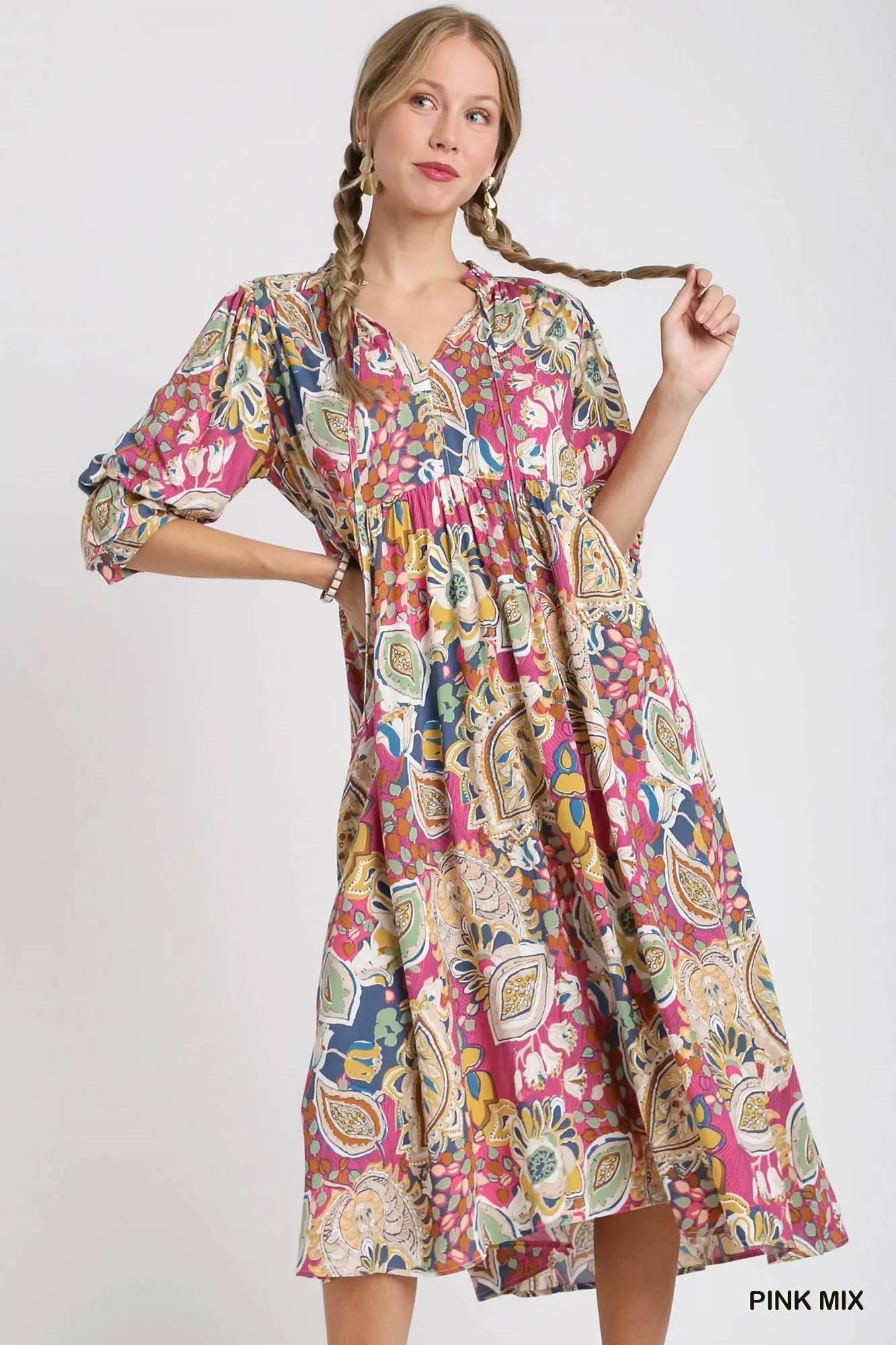 Paisley Print Tiered A-Line Midi Dress with Tie and 3/4 Puff Sleeves