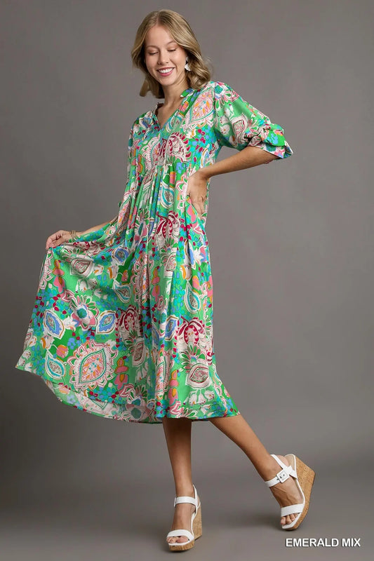 Paisley Print Tiered A-Line Midi Dress with Tie and 3/4 Puff Sleeves
