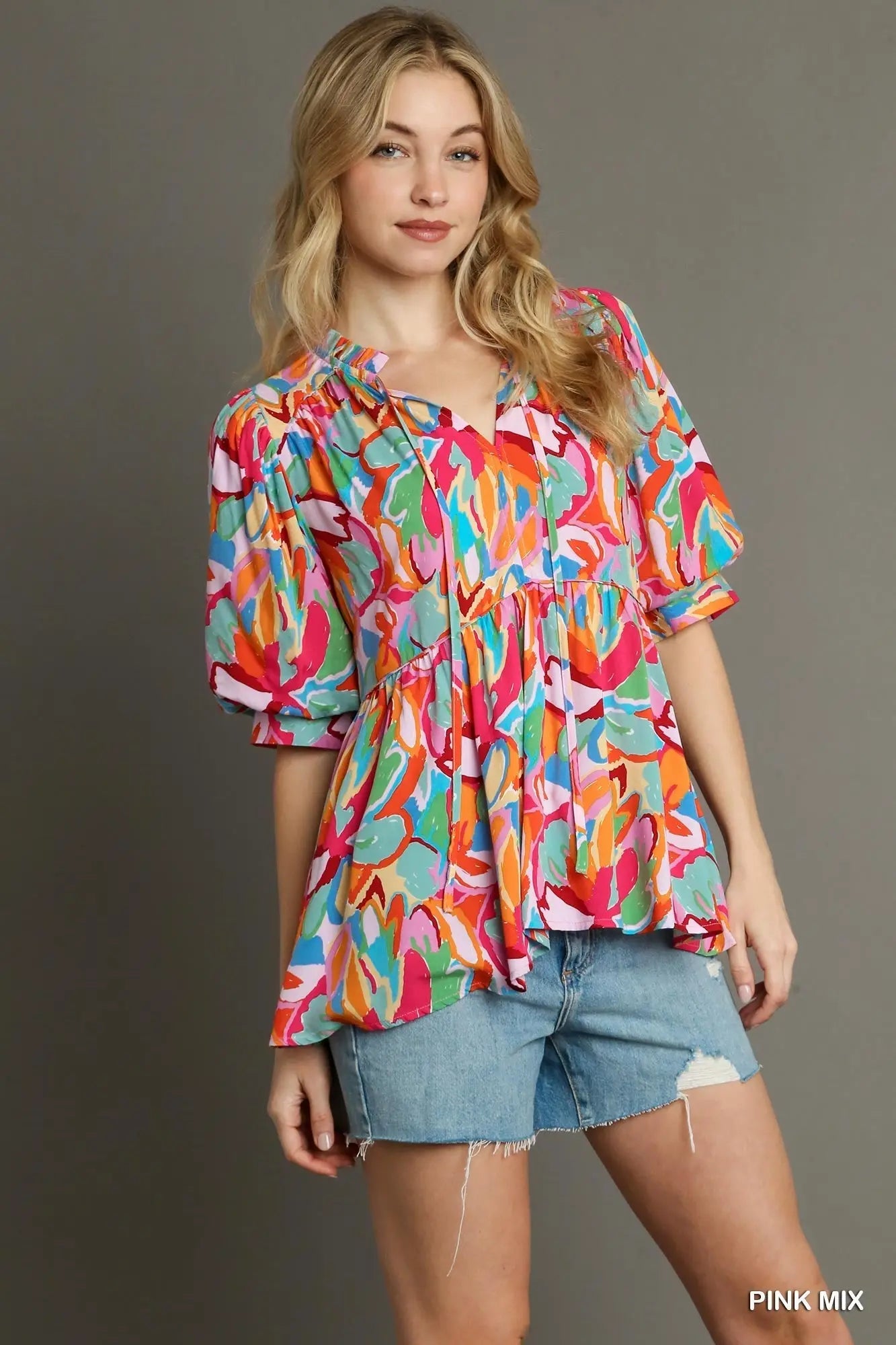 Abstract Print Baby Doll Top with Ruffle Split Neck with Front Tie & 3/4 Sleeves