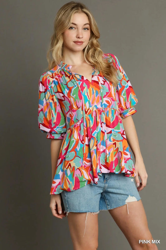 Abstract Print Baby Doll Top with Ruffle Split Neck with Front Tie & 3/4 Sleeves