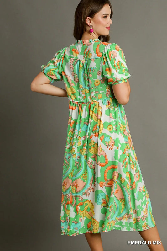 Paisley Print V-Neck Front Tie Midi Dress with Ruffle, & Short Puff Sleeves