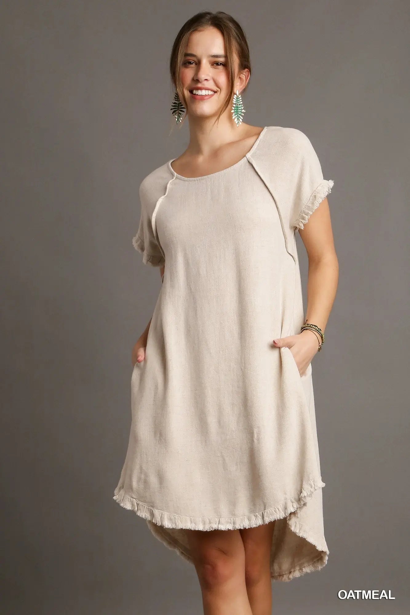 Linen Blend Round Neck Pocket Dress with Fringe Short Sleeves and a High Low Scoop Hem