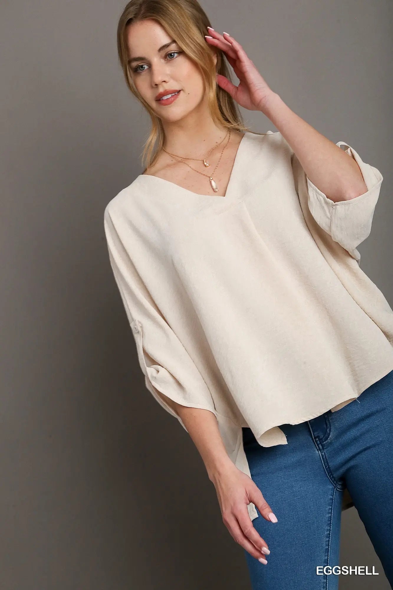 Solid V-Neck Boxy Cut Over Sized Top with Adjustable Button Sleeve