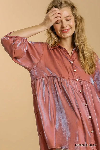 3/4 Slv Collar Button Down Back Tiered Tunic Dress