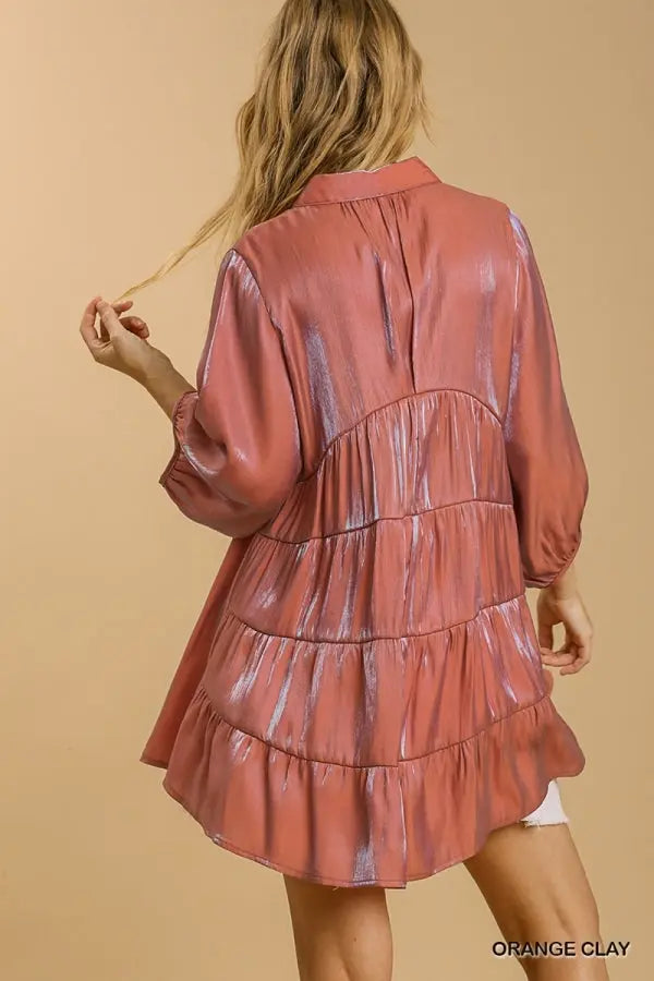 3/4 Slv Collar Button Down Back Tiered Tunic Dress