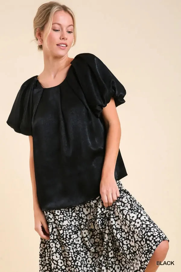 Satin Shimmer round neck Top w/puff sleeve and keyhole back