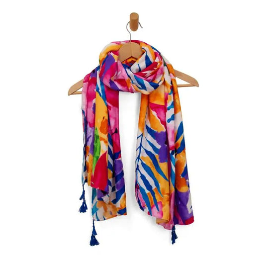 Multi Tropical Floral & Frond Tassel Scarf