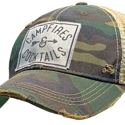 'Campfires and Cocktails' distressed trucker ball cap