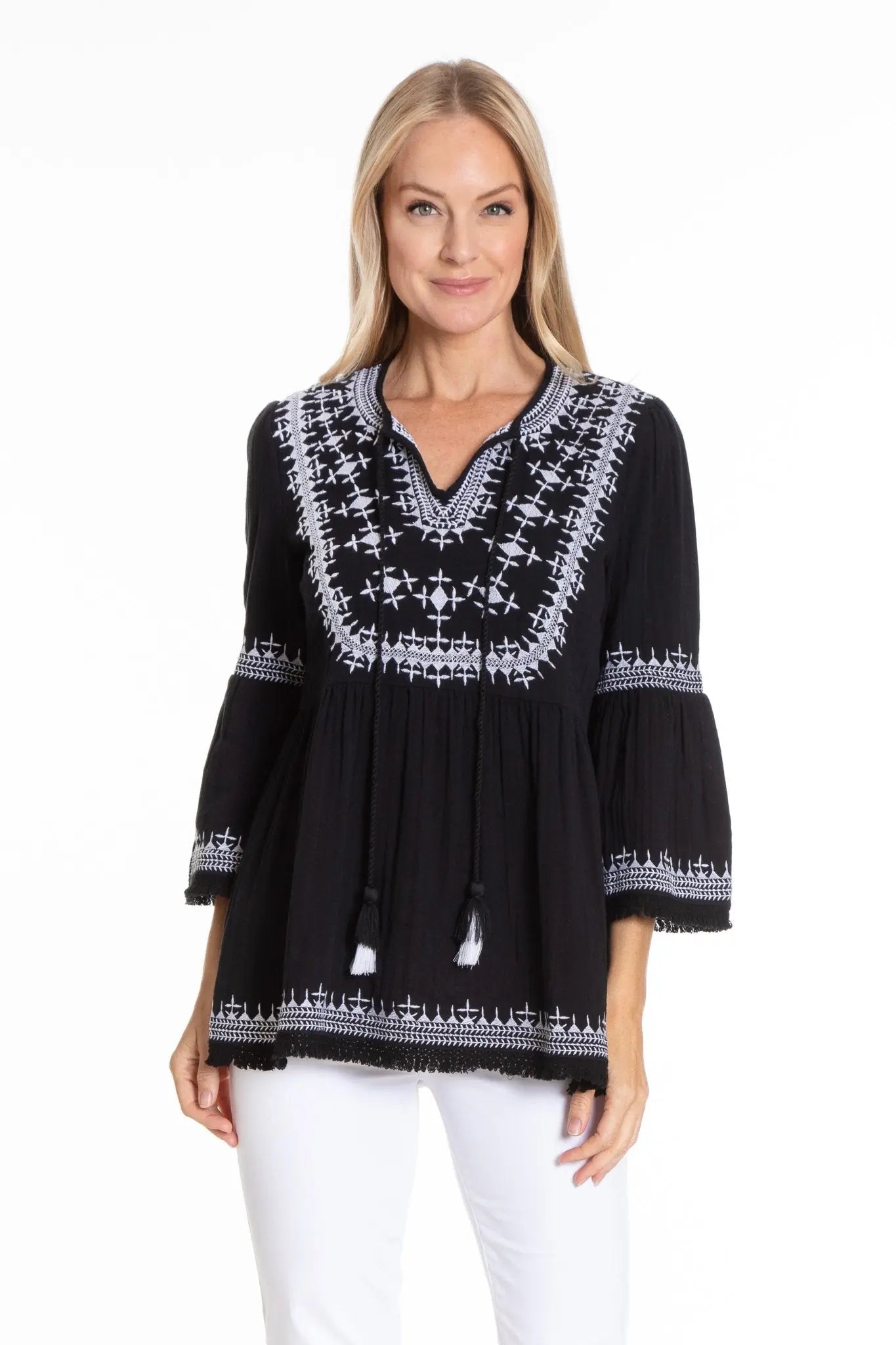 Aztec Embroidered Tunic w/Fringe Detail - Bay-Tique
