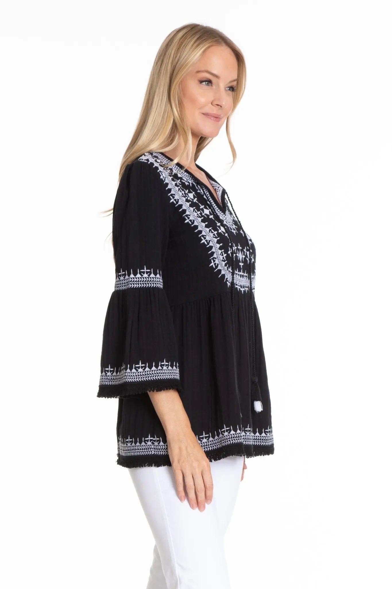 Aztec Embroidered Tunic w/Fringe Detail - Bay-Tique