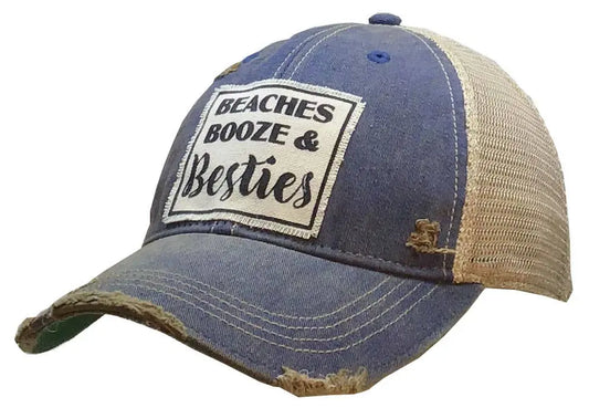 Beaches Booze & Besties Distressed Trucker Hat Baseball Cap - Bay-Tique