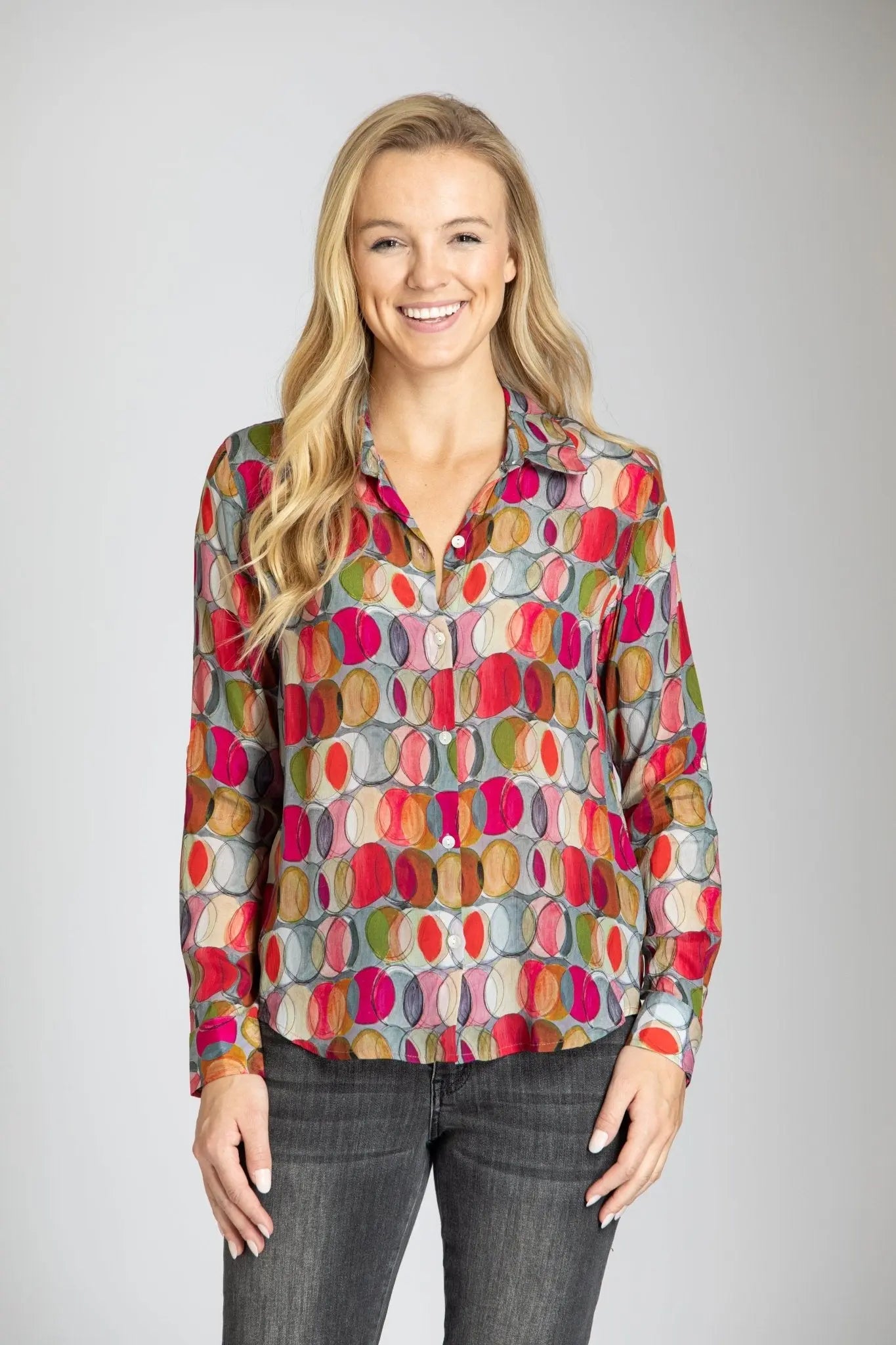 Button-up Top w/roll sleeve A-959D - Bay-Tique