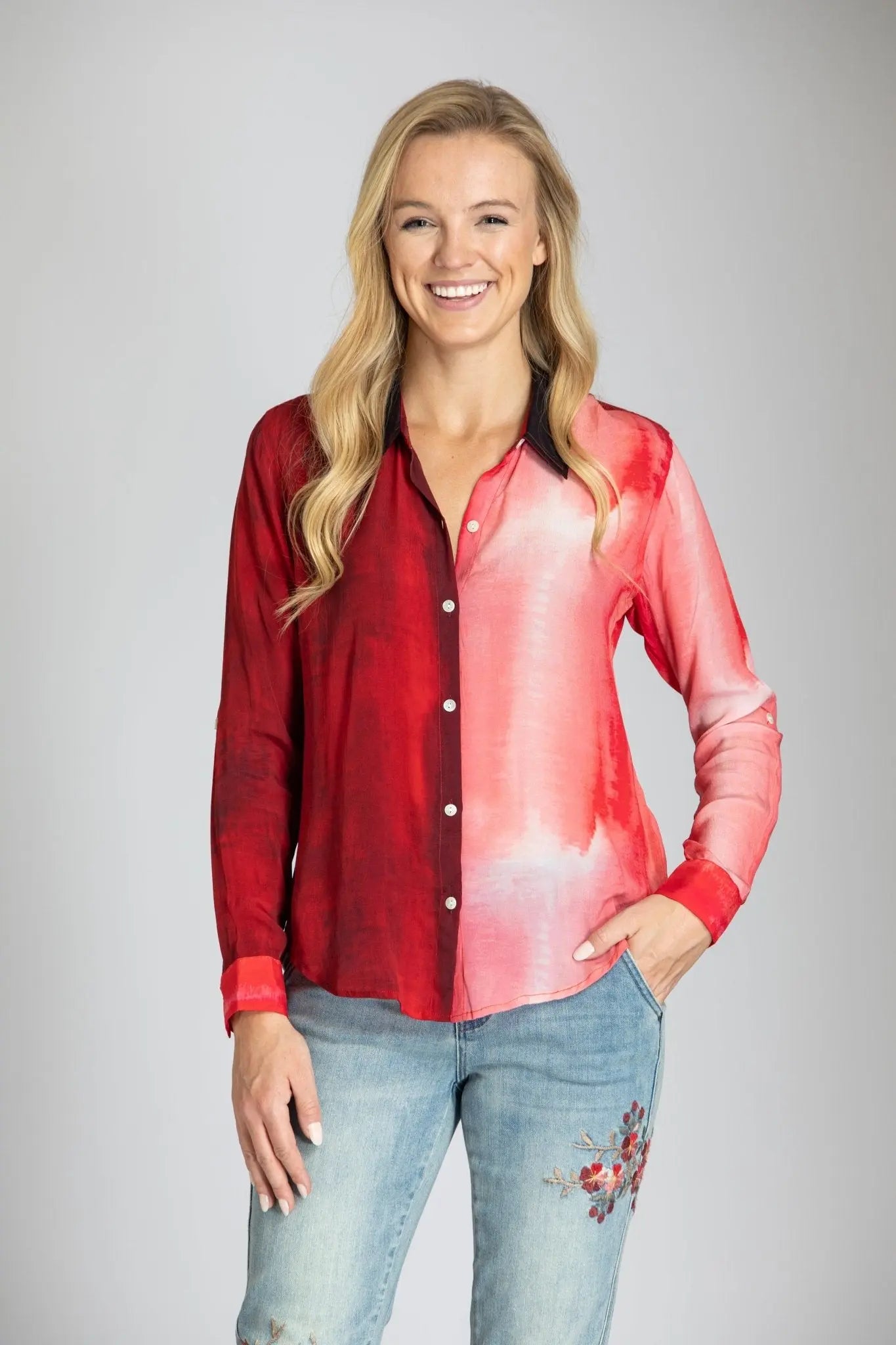 Button Up Top w/Roll up Tab Sleeve B-160D - Bay-Tique