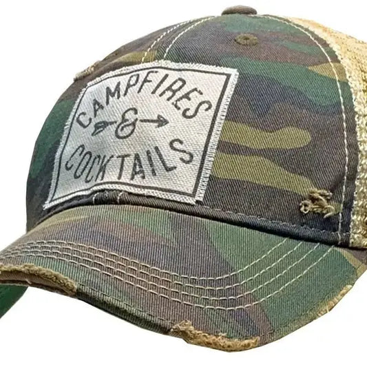 'Campfires and Cocktails' distressed trucker ball cap - Bay-Tique