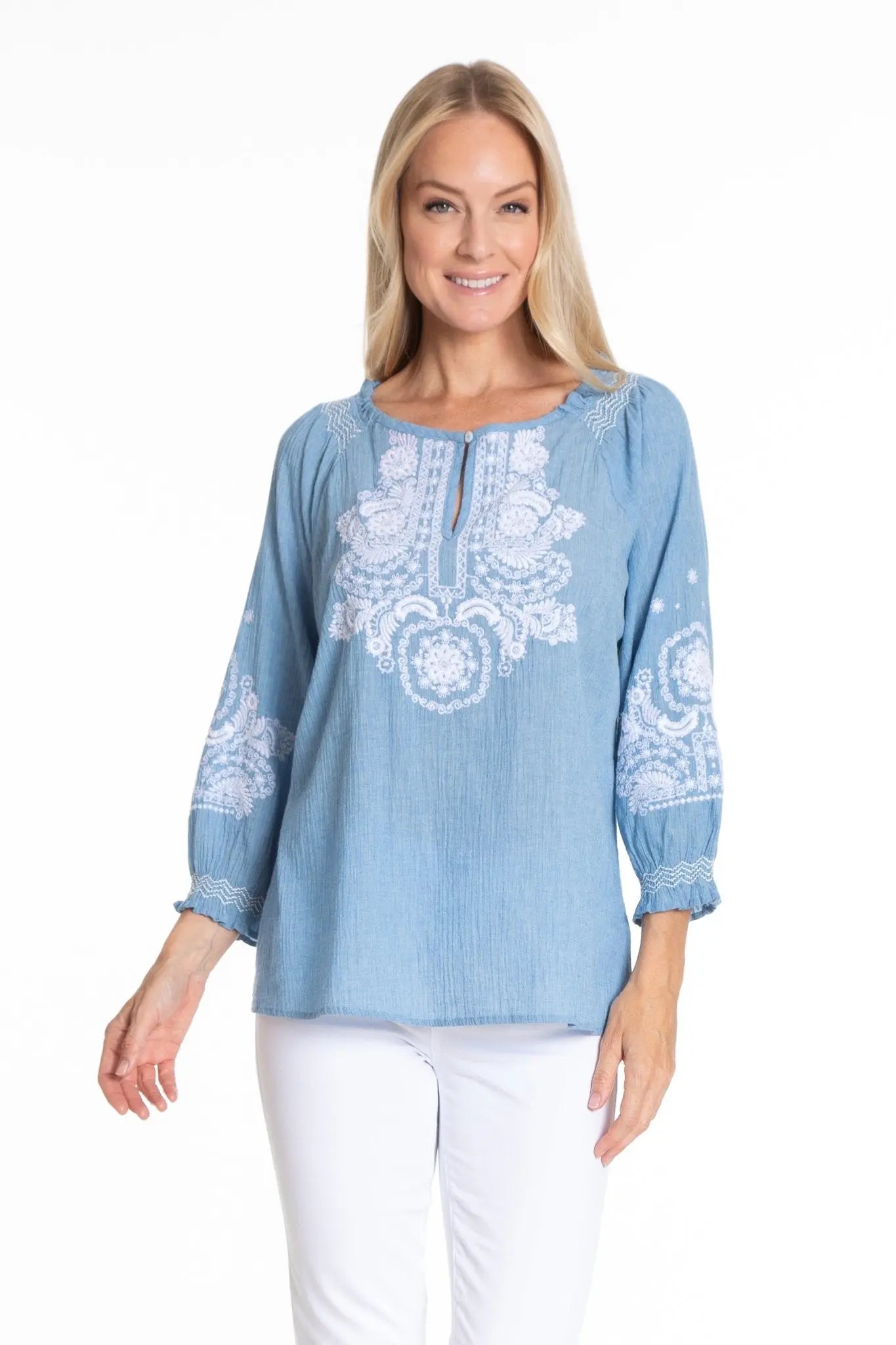 Embroidered Pullover w/ Smocked Sleeve - Bay-Tique