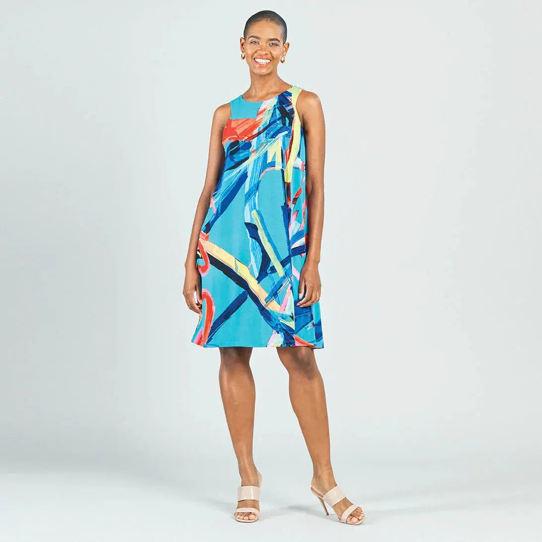 Multi Color print Jewel neck sleeveless swing dress - Bay-Tique