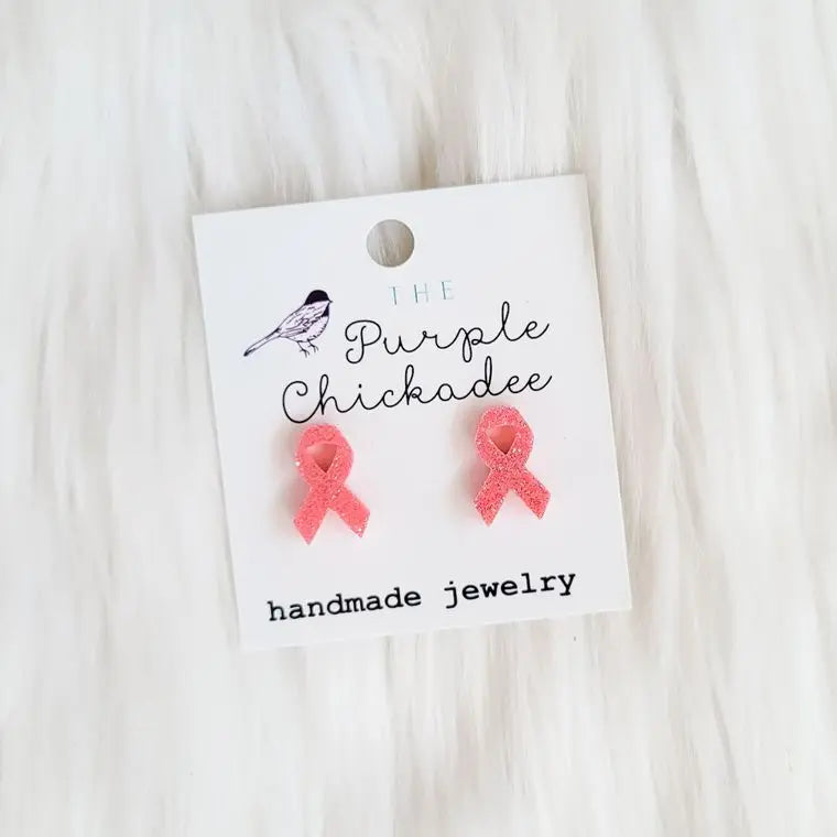 Pink Glitter Awareness Ribbon Acrylic Earrings - Bay-Tique