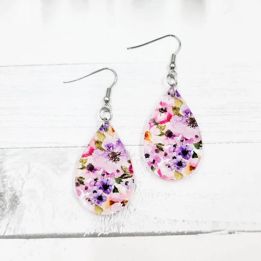 Purple Floral Acrylic Teardrop Dangle Earrings - Bay-Tique