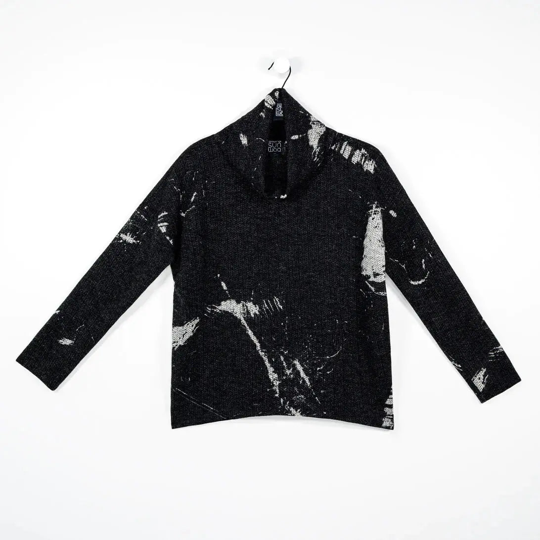 Splash Print Turtleneck Sweater W/Tipped Hem - Bay-Tique