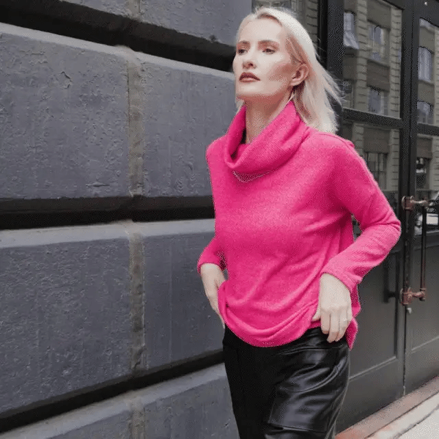 Twill Knit - Tipped Hem Sweater Top - Hot Pink - Bay-Tique