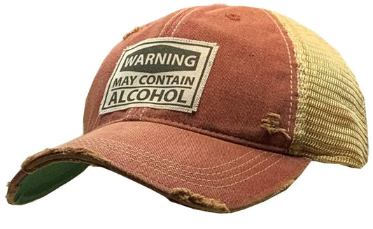 'Warning May Contain Alcohol' distressed trucker ball cap - Bay-Tique