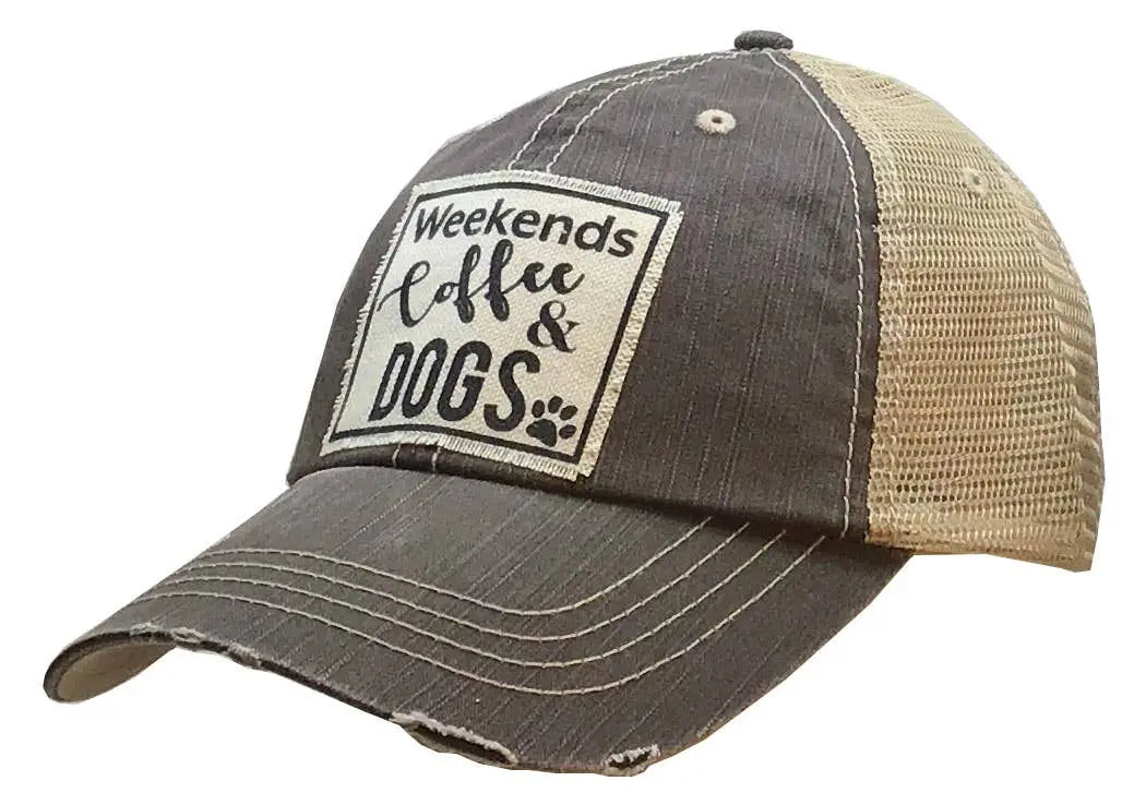 Weekends Coffee & Dogs Distressed Trucker Cap - Bay-Tique