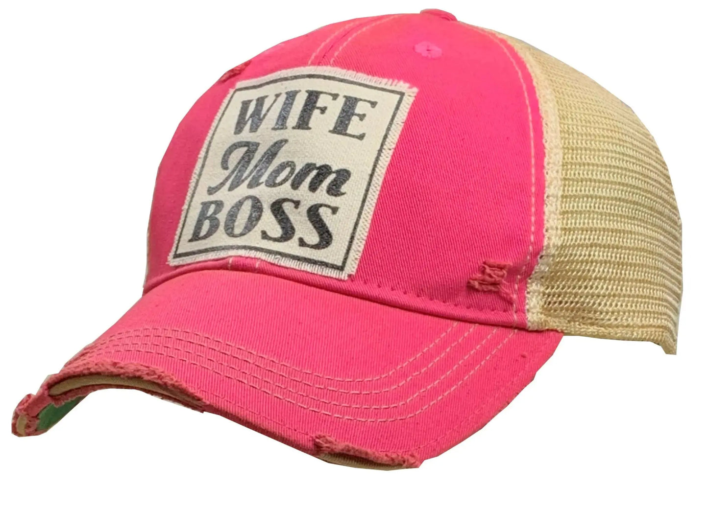 'Wife Mom Boss' distressed trucker ball cap - Bay-Tique